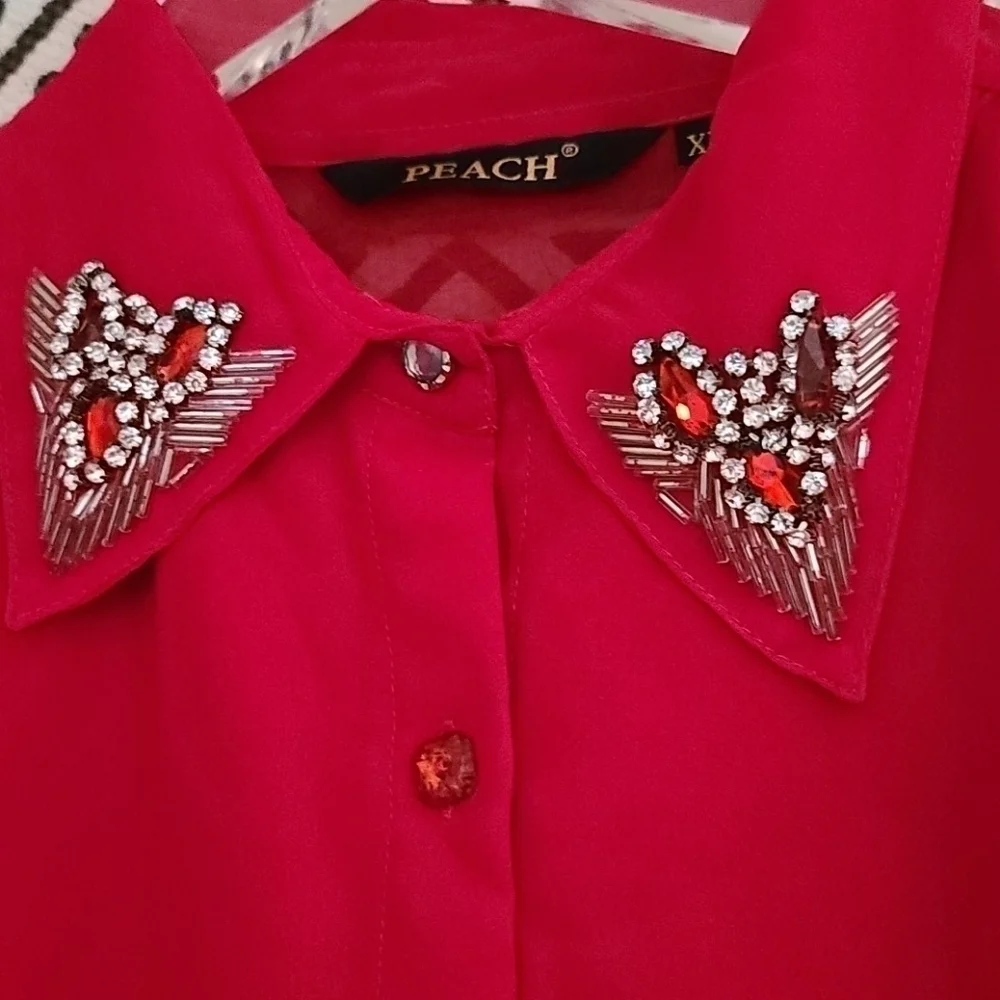"Peach " Red long in back short in front blouse - Picture 2 of 5